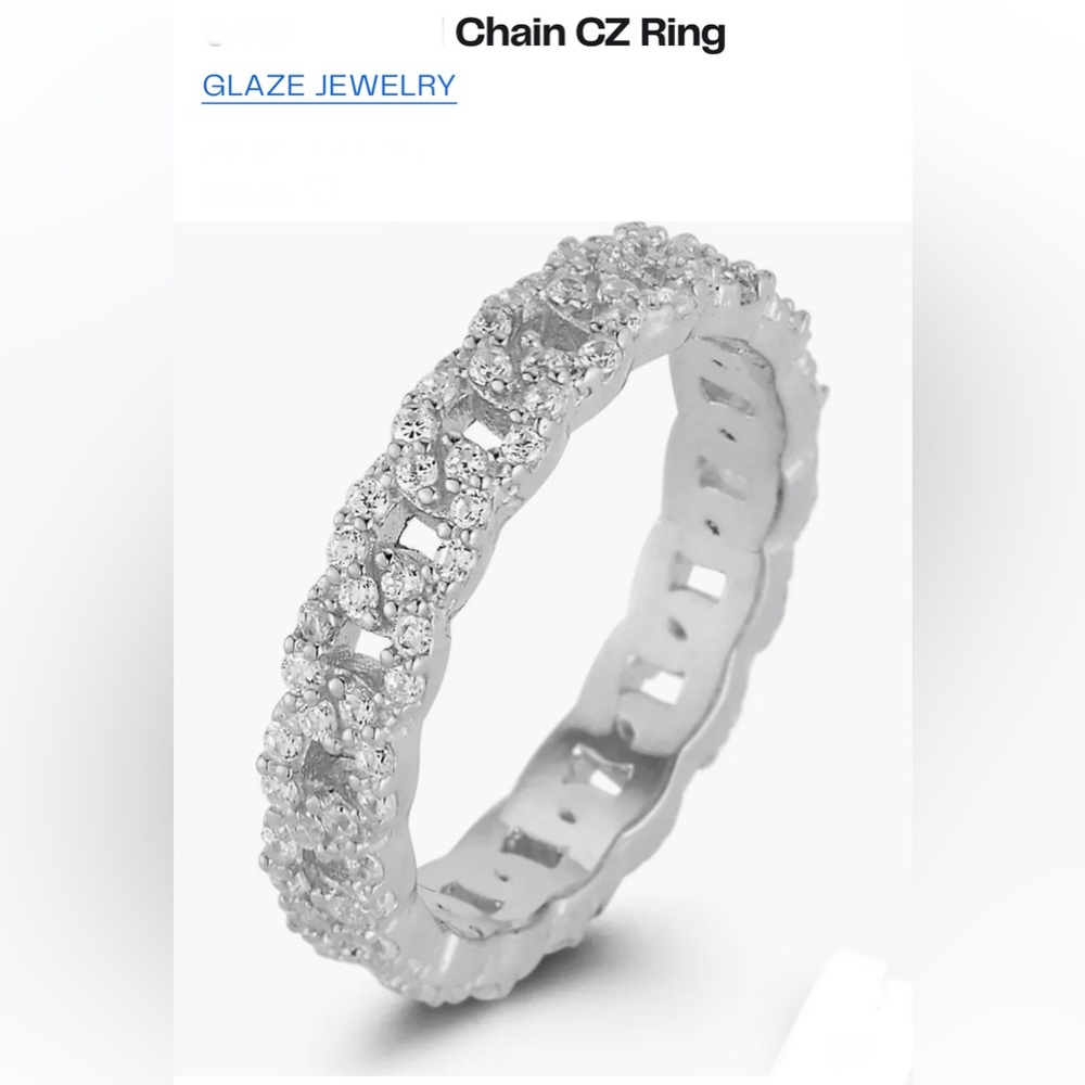 NEW Glaze Jewelry Sterling silver pave chain link Women’s ring, size 8, 3.5 mm
